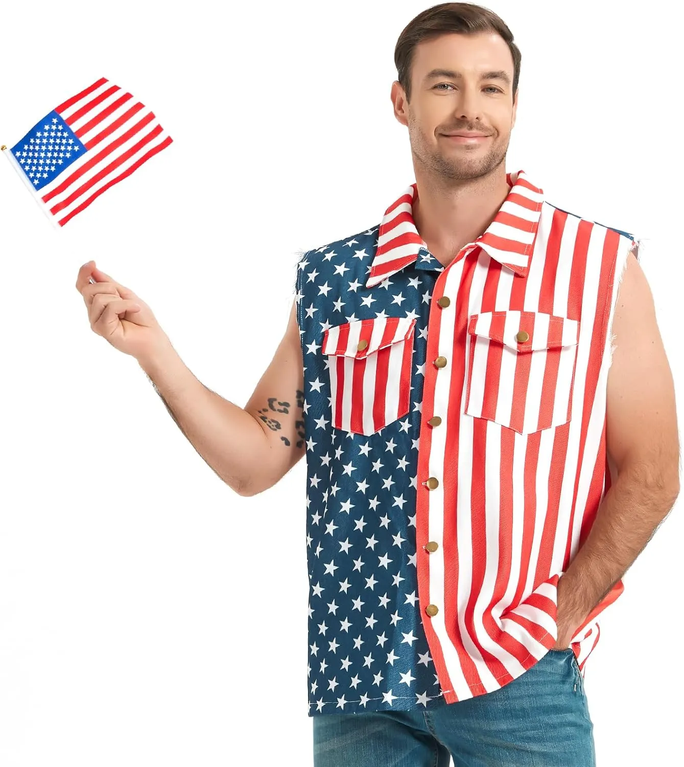American Flag Denim Vest for Men, 4th of July Patriotic Vintage Sleeveless Jean Jacket, Independence Day USA Casual Shirt