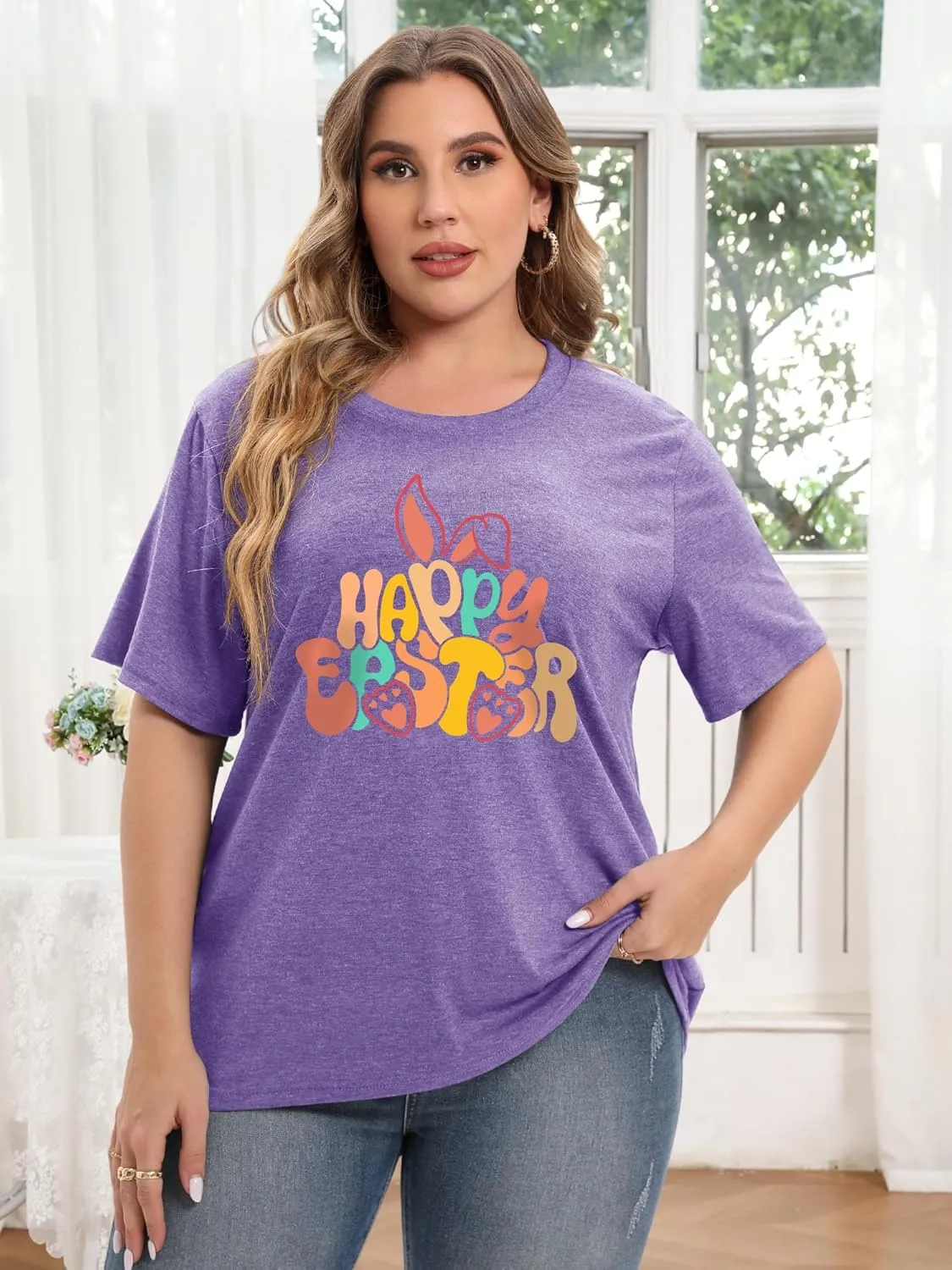 Anbech Plus Size Tshirt for Women Crewneck Graphic Tees Summer Outfits Short Sleeve Casual Shirt