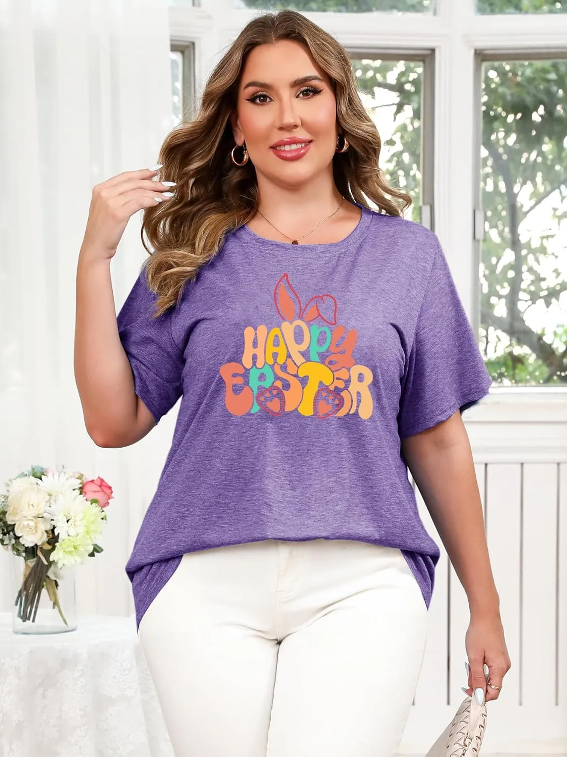 Anbech Plus Size Tshirt for Women Crewneck Graphic Tees Summer Outfits Short Sleeve Casual Shirt