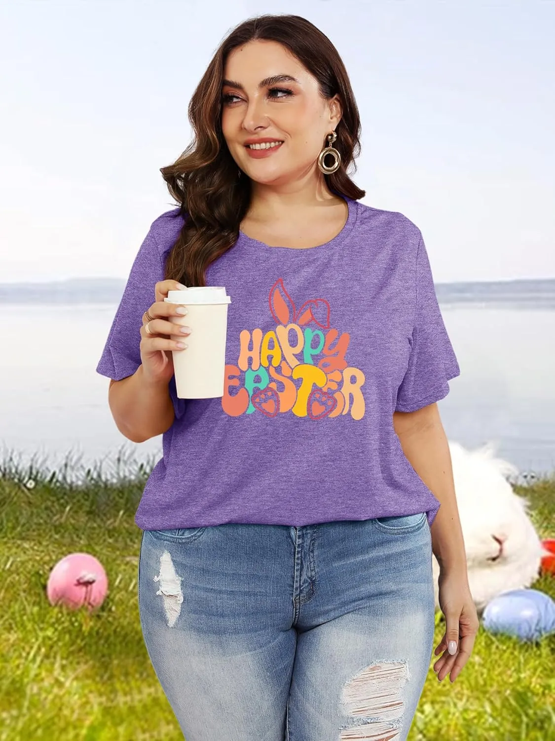 Anbech Plus Size Tshirt for Women Crewneck Graphic Tees Summer Outfits Short Sleeve Casual Shirt