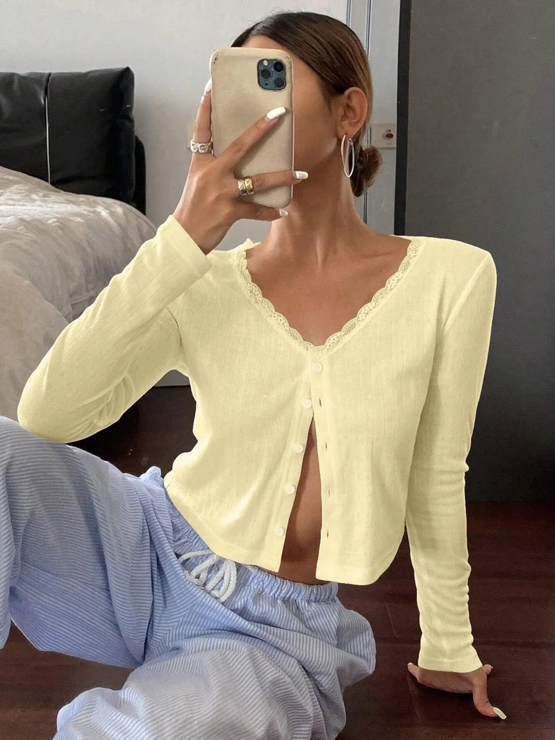 BAIGRAM Women Long Sleeve Button Down Open Front V Neck Crop Cardigan Shirt Y2K Lace Patchwork Pointelle Knit Minimalist Tops