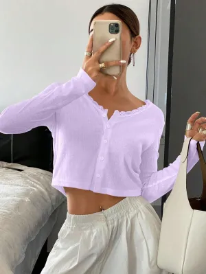 BAIGRAM Women Long Sleeve Button Down Open Front V Neck Crop Cardigan Shirt Y2K Lace Patchwork Pointelle Knit Minimalist Tops