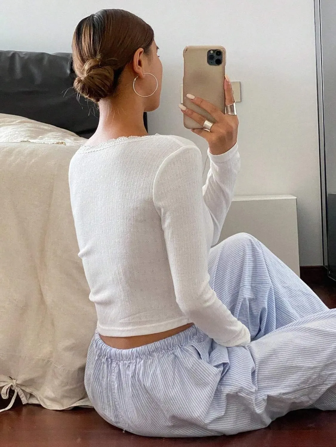 BAIGRAM Women Long Sleeve Button Down Open Front V Neck Crop Cardigan Shirt Y2K Lace Patchwork Pointelle Knit Minimalist Tops