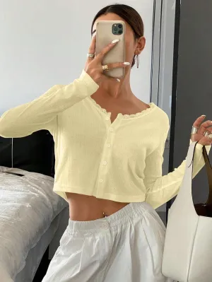 BAIGRAM Women Long Sleeve Button Down Open Front V Neck Crop Cardigan Shirt Y2K Lace Patchwork Pointelle Knit Minimalist Tops