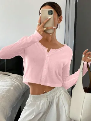 BAIGRAM Women Long Sleeve Button Down Open Front V Neck Crop Cardigan Shirt Y2K Lace Patchwork Pointelle Knit Minimalist Tops