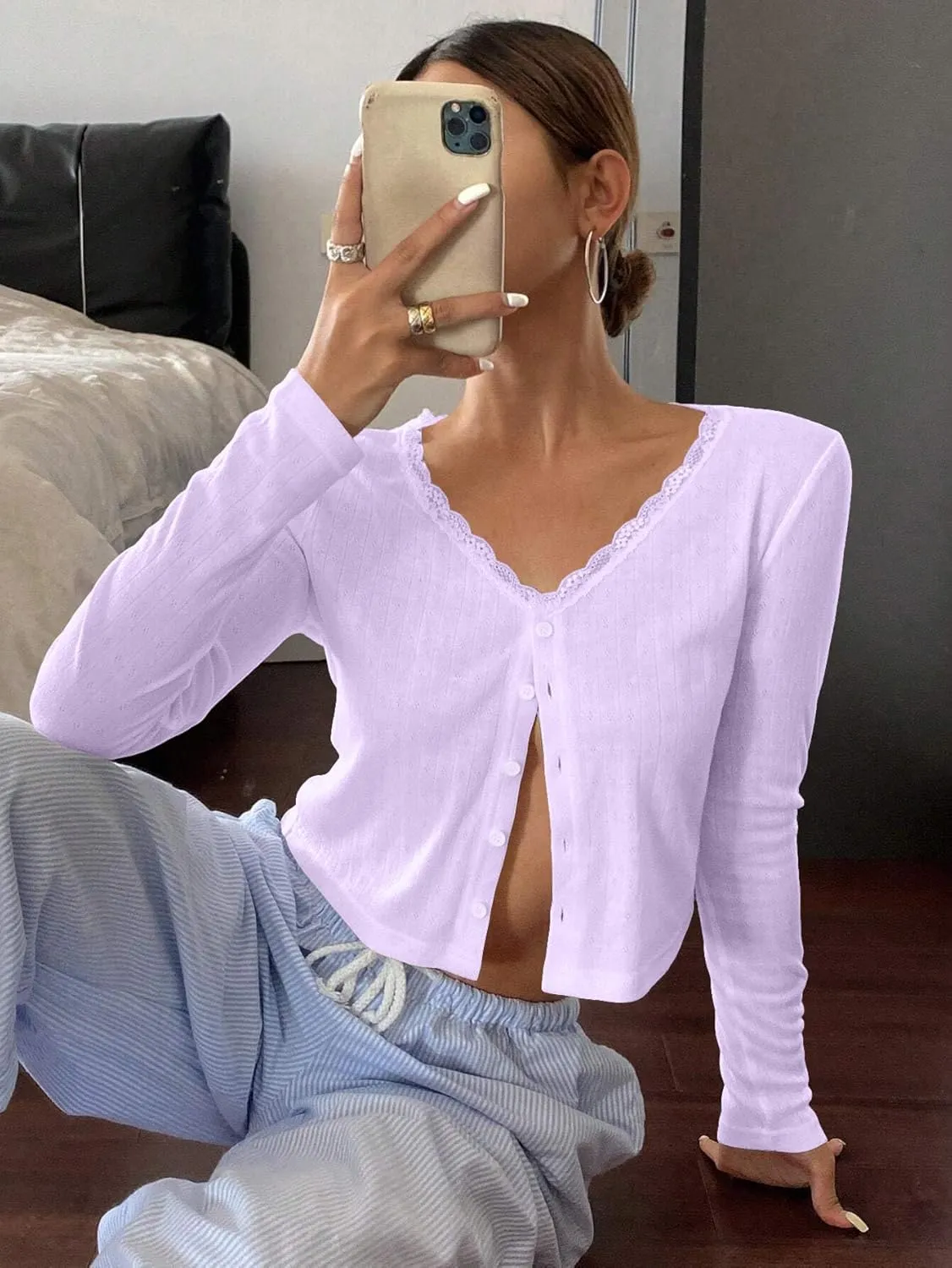 BAIGRAM Women Long Sleeve Button Down Open Front V Neck Crop Cardigan Shirt Y2K Lace Patchwork Pointelle Knit Minimalist Tops