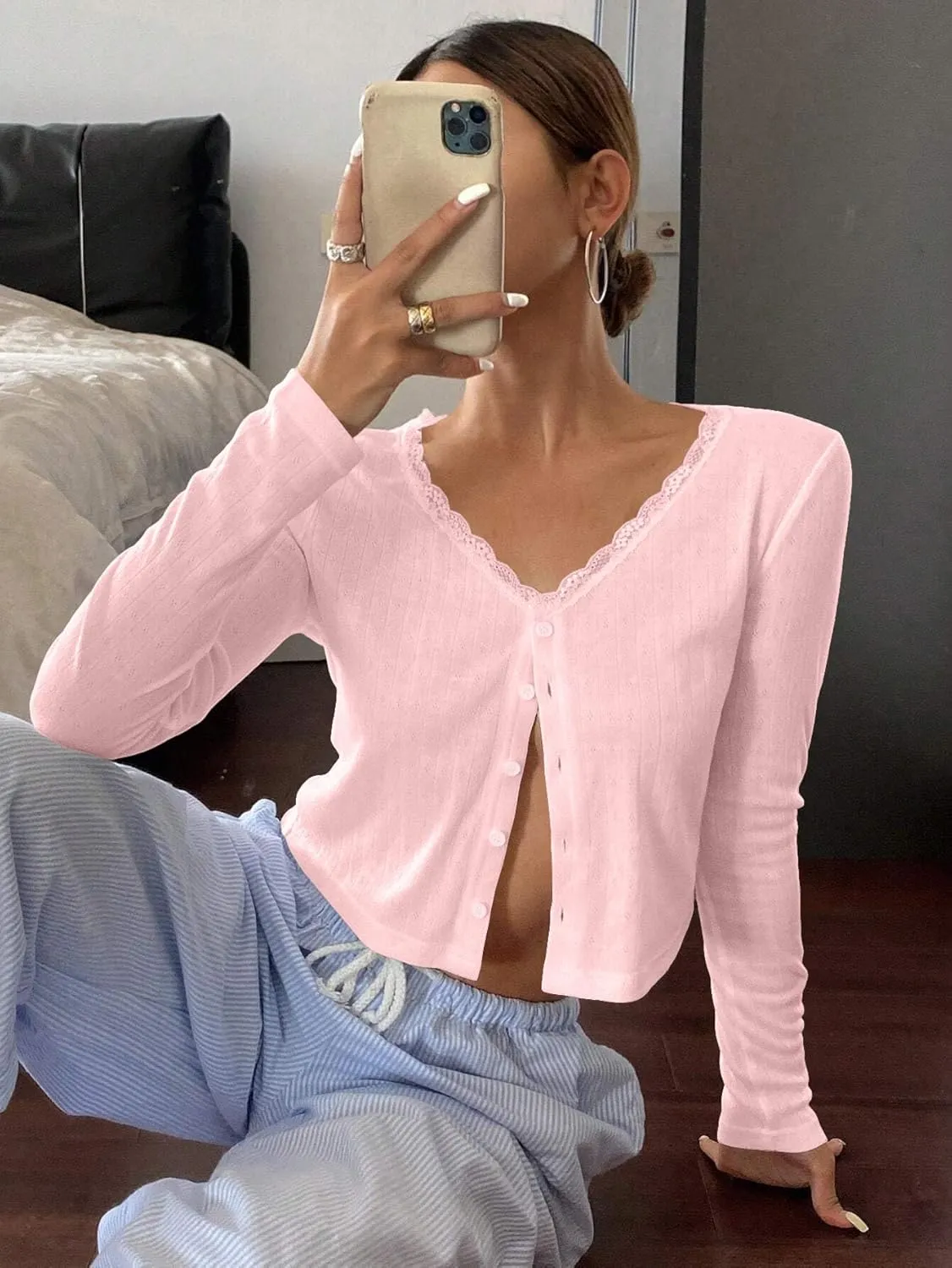 BAIGRAM Women Long Sleeve Button Down Open Front V Neck Crop Cardigan Shirt Y2K Lace Patchwork Pointelle Knit Minimalist Tops