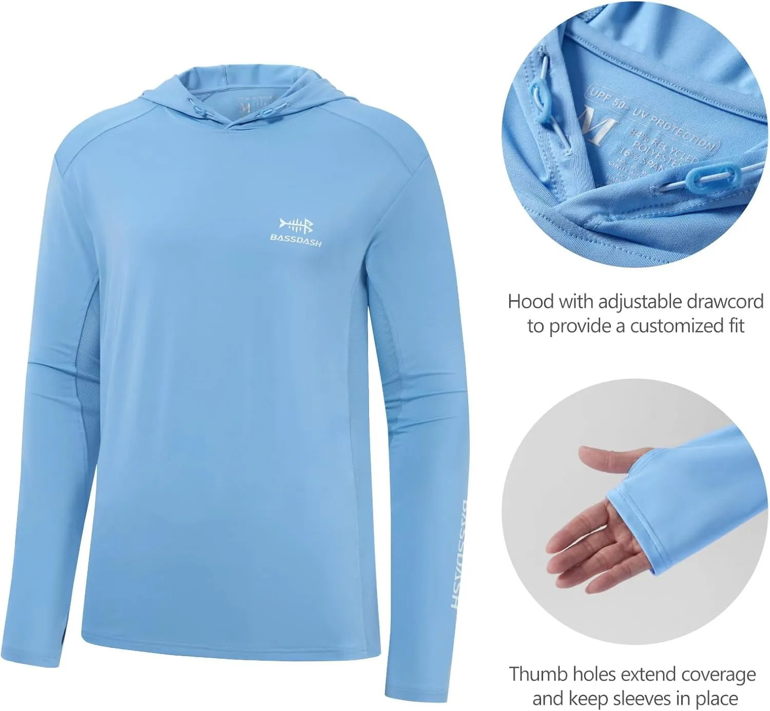 BASSDASH Mens UPF 50  Drawstring Fishing Hoodie Shirts UV Sun Protection Long Sleeve Outdoor Hiking Hooded T-Shirts FS33M