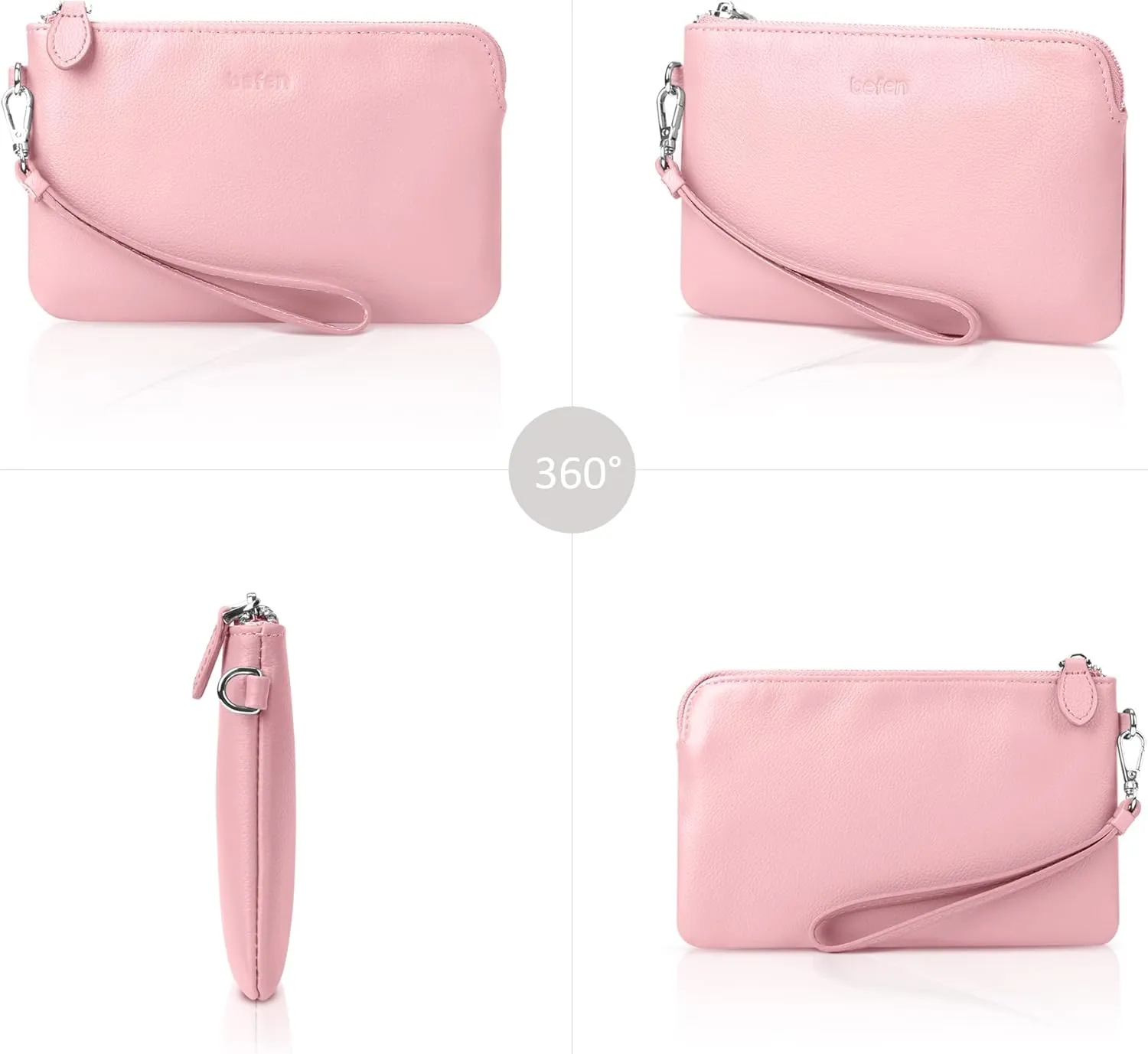 befen Women's Genuine Leather Wristlet Clutch Purse Ladies Slim Corner Zip Wallets, Silver Zipper