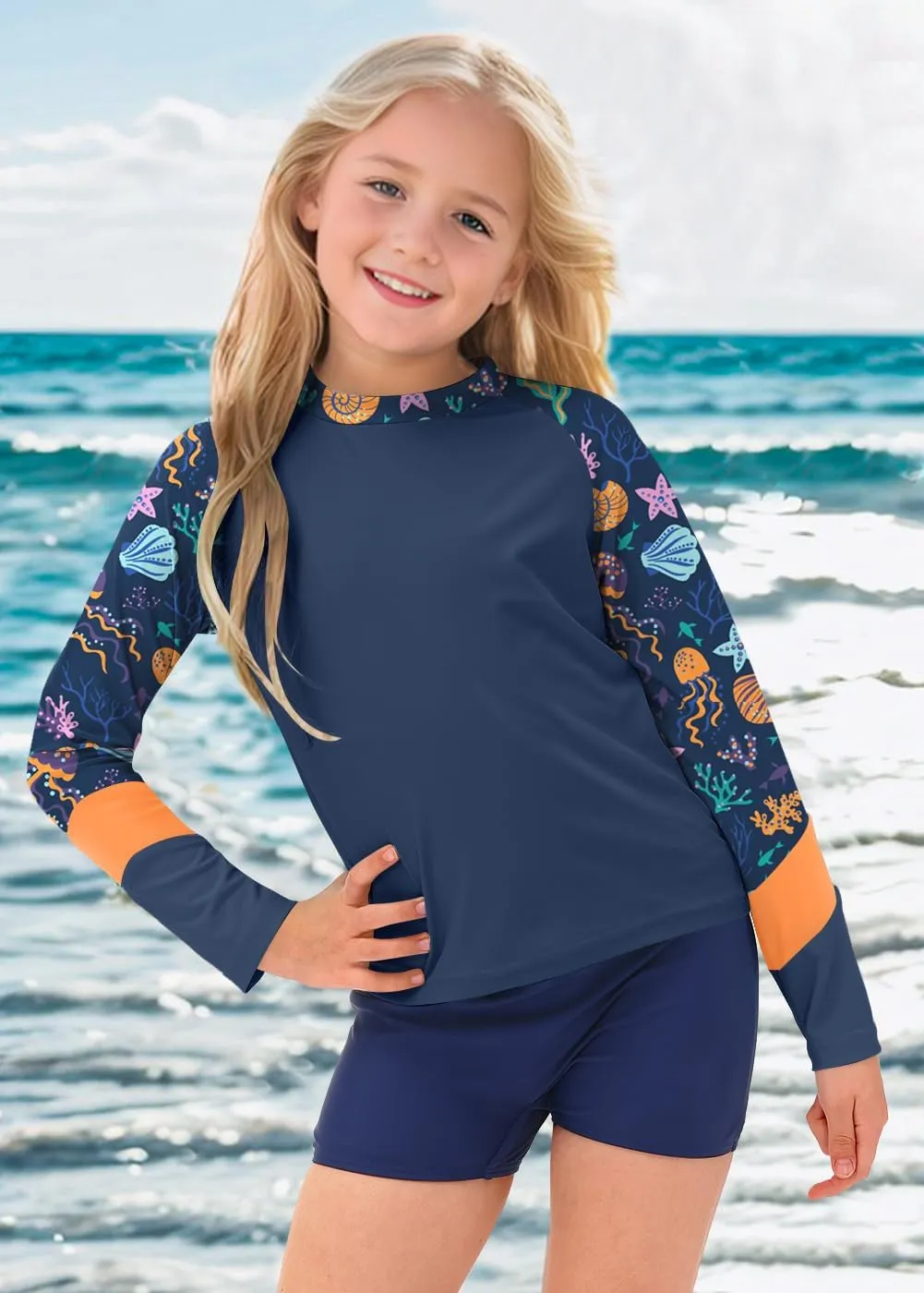 BesserBay Girl's UPF 50  Quick-Dry Tropical Long Sleeve Rash Guard Shirt 4-14 Years