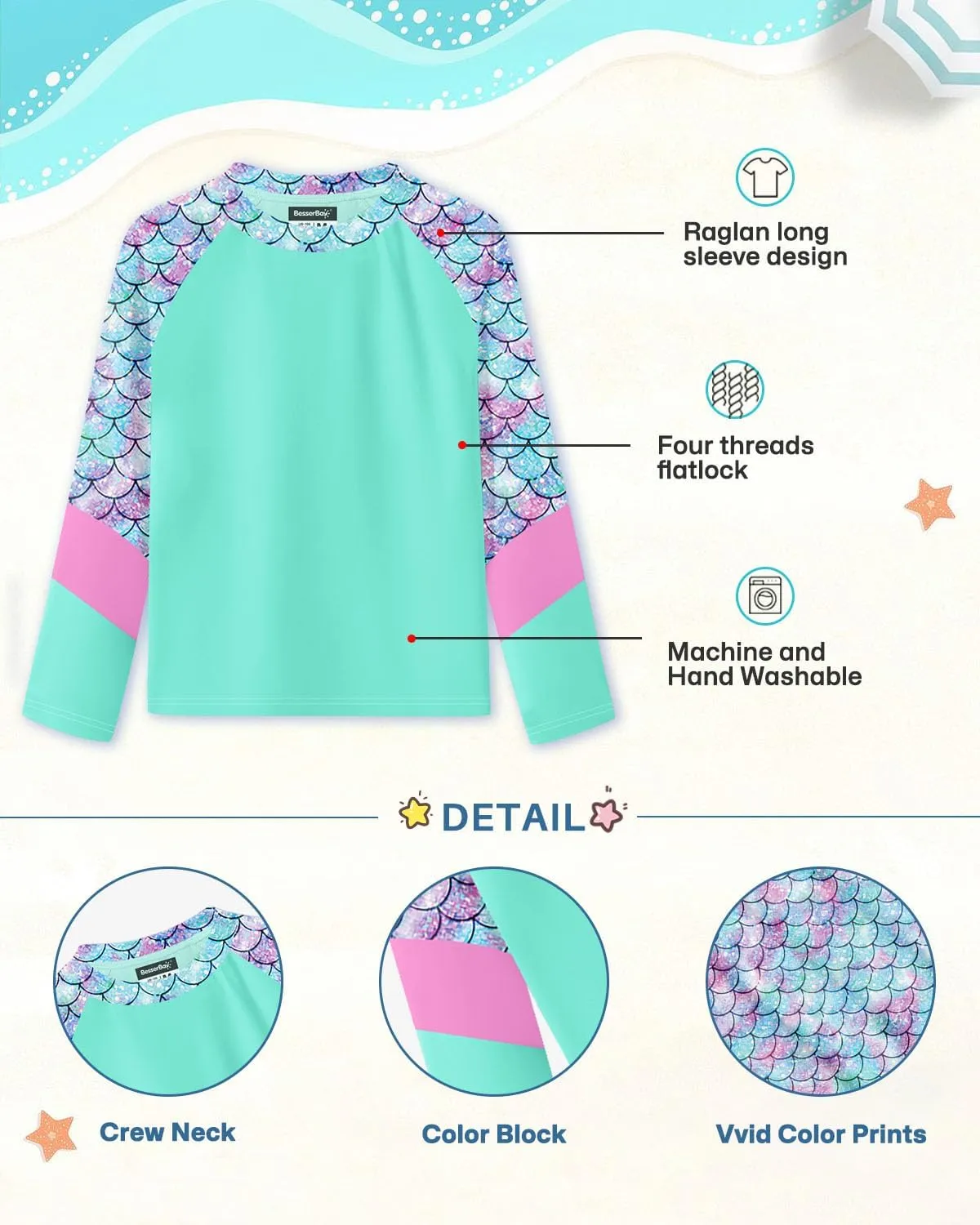 BesserBay Girl's UPF 50  Quick-Dry Tropical Long Sleeve Rash Guard Shirt 4-14 Years