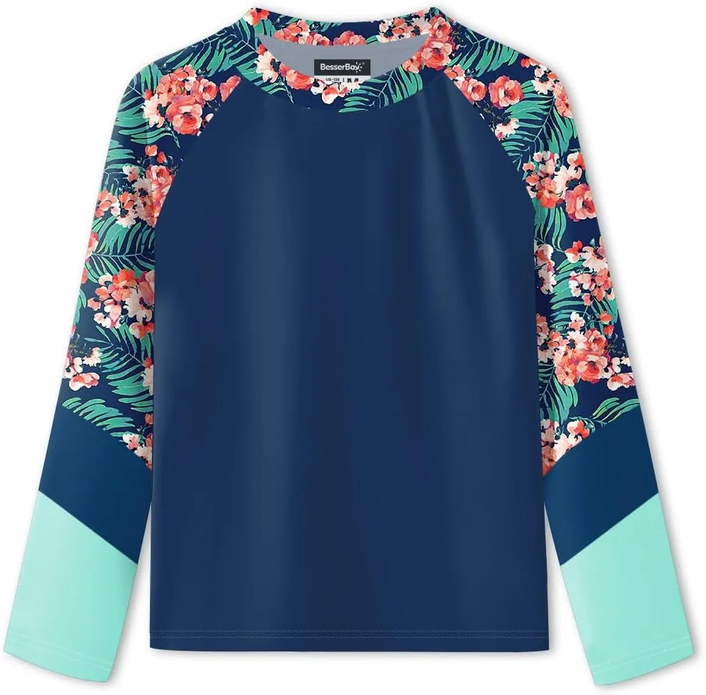 BesserBay Girl's UPF 50  Quick-Dry Tropical Long Sleeve Rash Guard Shirt 4-14 Years