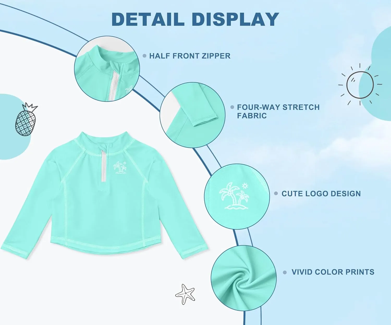 BesserBay Unisex Baby UPF 50  Half Zip Long Sleeve Rash Guard Shirt 0-36 Months
