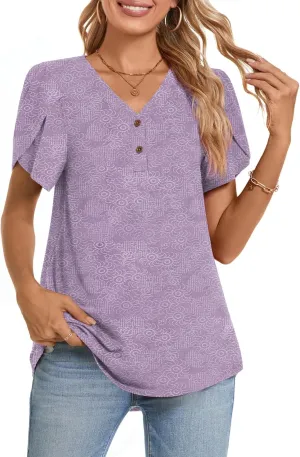 Bestbee Women's Short Sleeve Button-Down Shirts V Neck Tunic Tops Cute Summer Tops Casual T-Shirts Loose Fit Blouses