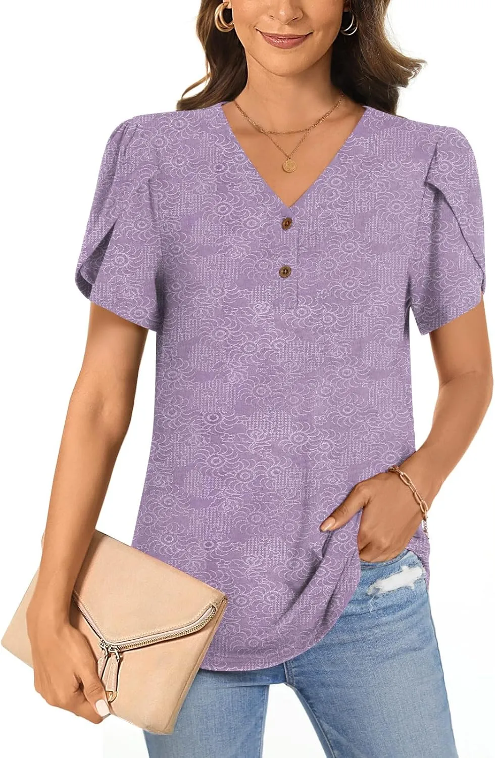 Bestbee Women's Short Sleeve Button-Down Shirts V Neck Tunic Tops Cute Summer Tops Casual T-Shirts Loose Fit Blouses
