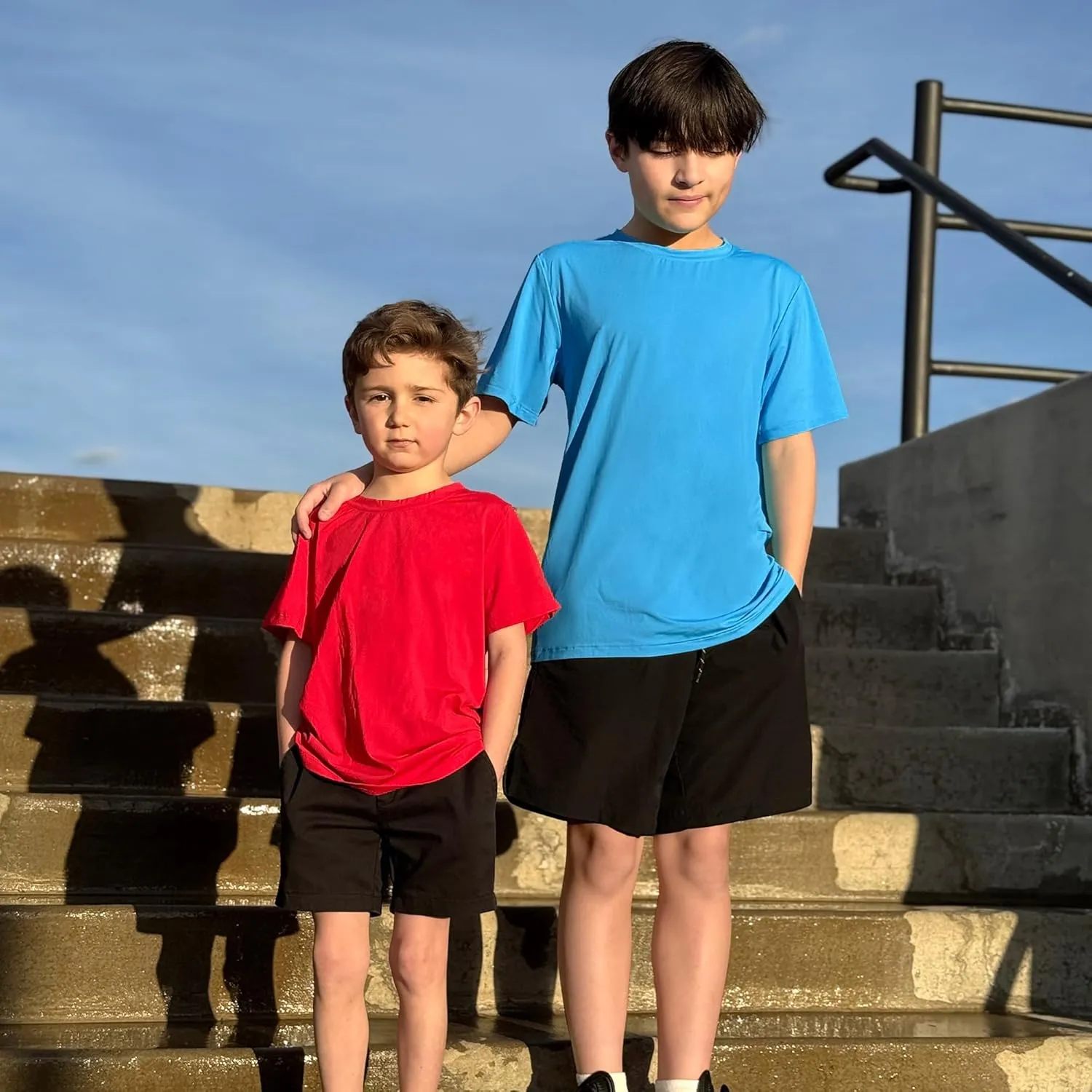 BIG ELEPHANT 4 Pack Boys Athletic Short T-Shirts, UPF 50  Sun Protection Rash Guard Shirts |Quick-Dry,Moisture-Wicking