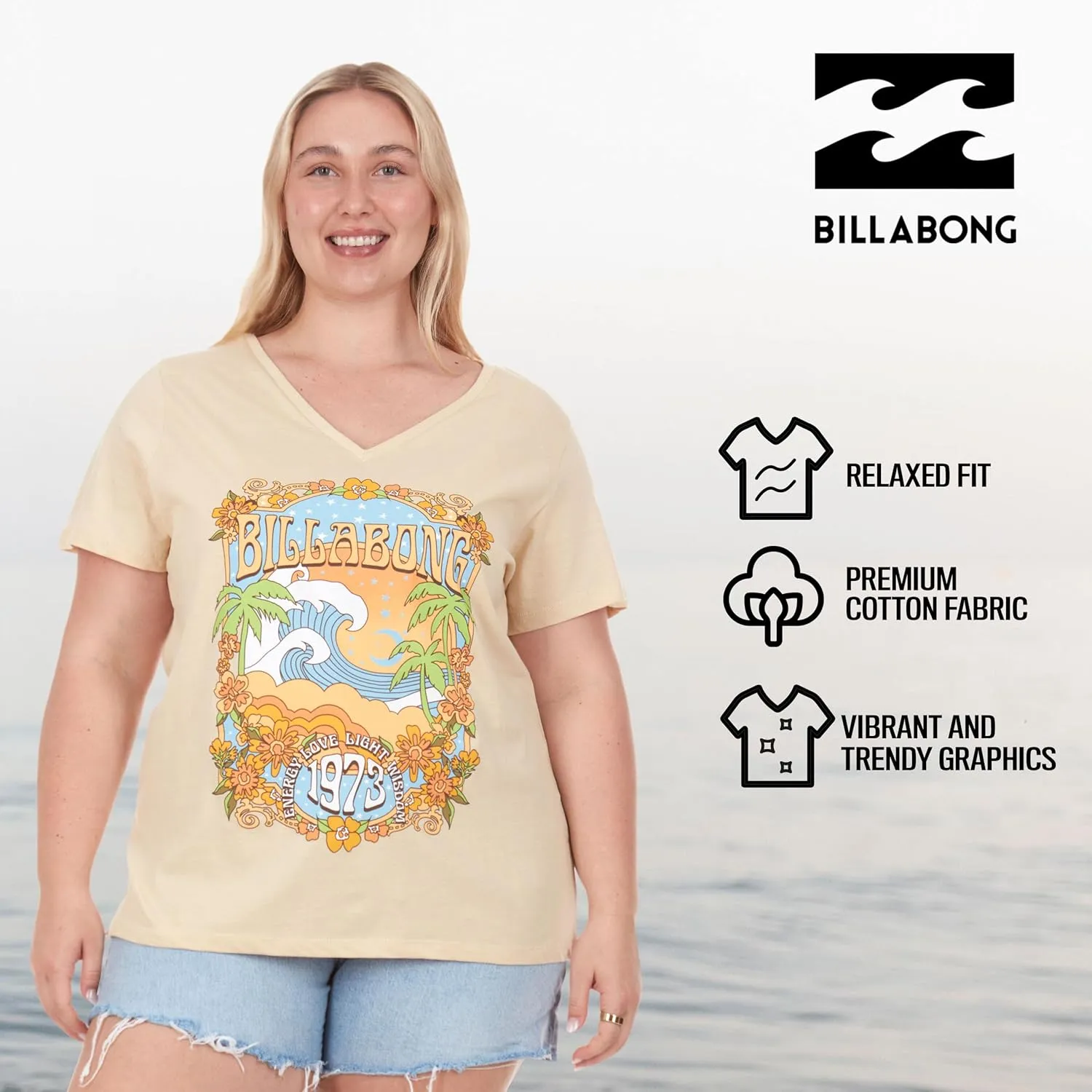 Billabong Plus Size T Shirts for Women - V Neck Oversized Womens Graphic Tees (XL-4X)