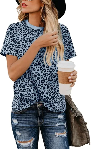 Blooming Jelly Womens Leopard Print Tops Short Sleeve Round Neck Casual T Shirts Tees