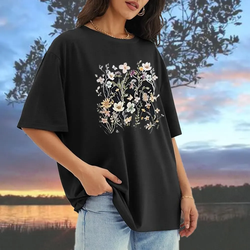 Boho Oversized Shirts for Women Floral Graphic Tees Butterfly Tshirts Summer Beach Cruise Tops
