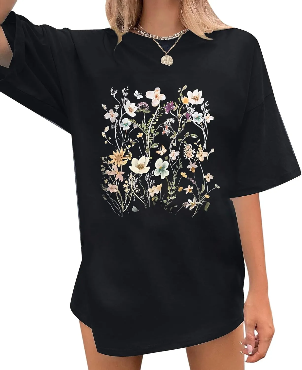 Boho Oversized Shirts for Women Floral Graphic Tees Butterfly Tshirts Summer Beach Cruise Tops