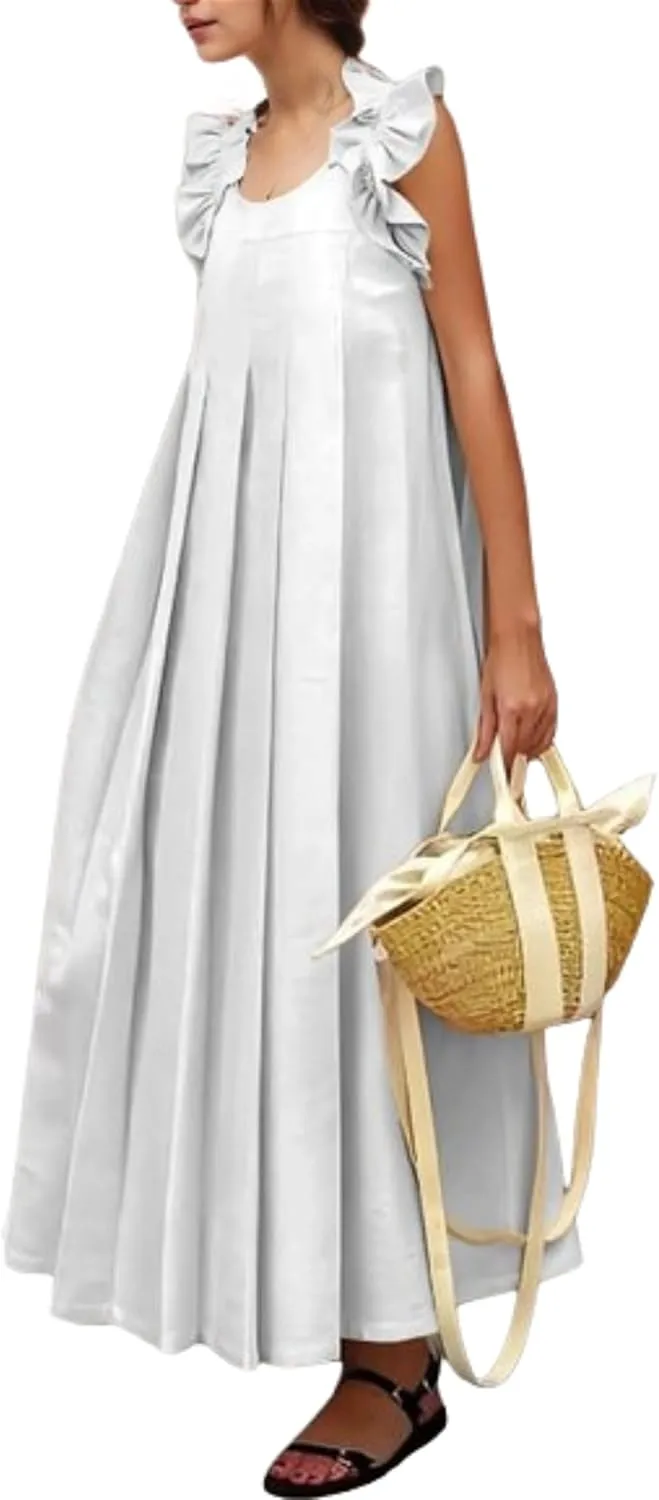 Boho Ruffle Maxi Dress Women Sleeveless Pleated Skirt Casual Sundress Summer Vacation Outfits Loose Fit Beach