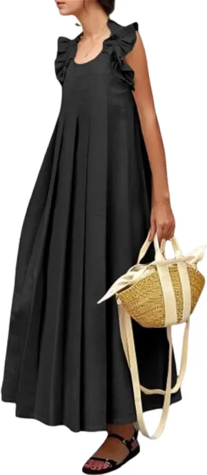 Boho Ruffle Maxi Dress Women Sleeveless Pleated Skirt Casual Sundress Summer Vacation Outfits Loose Fit Beach