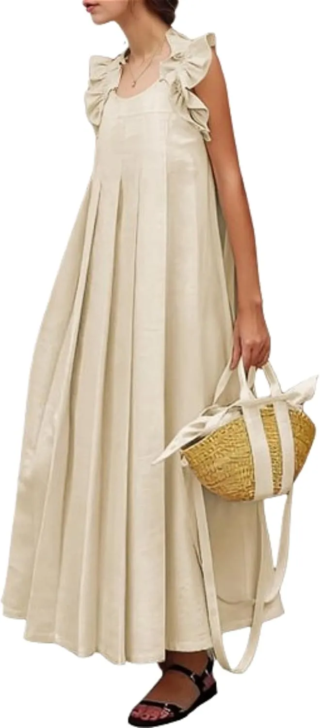 Boho Ruffle Maxi Dress Women Sleeveless Pleated Skirt Casual Sundress Summer Vacation Outfits Loose Fit Beach
