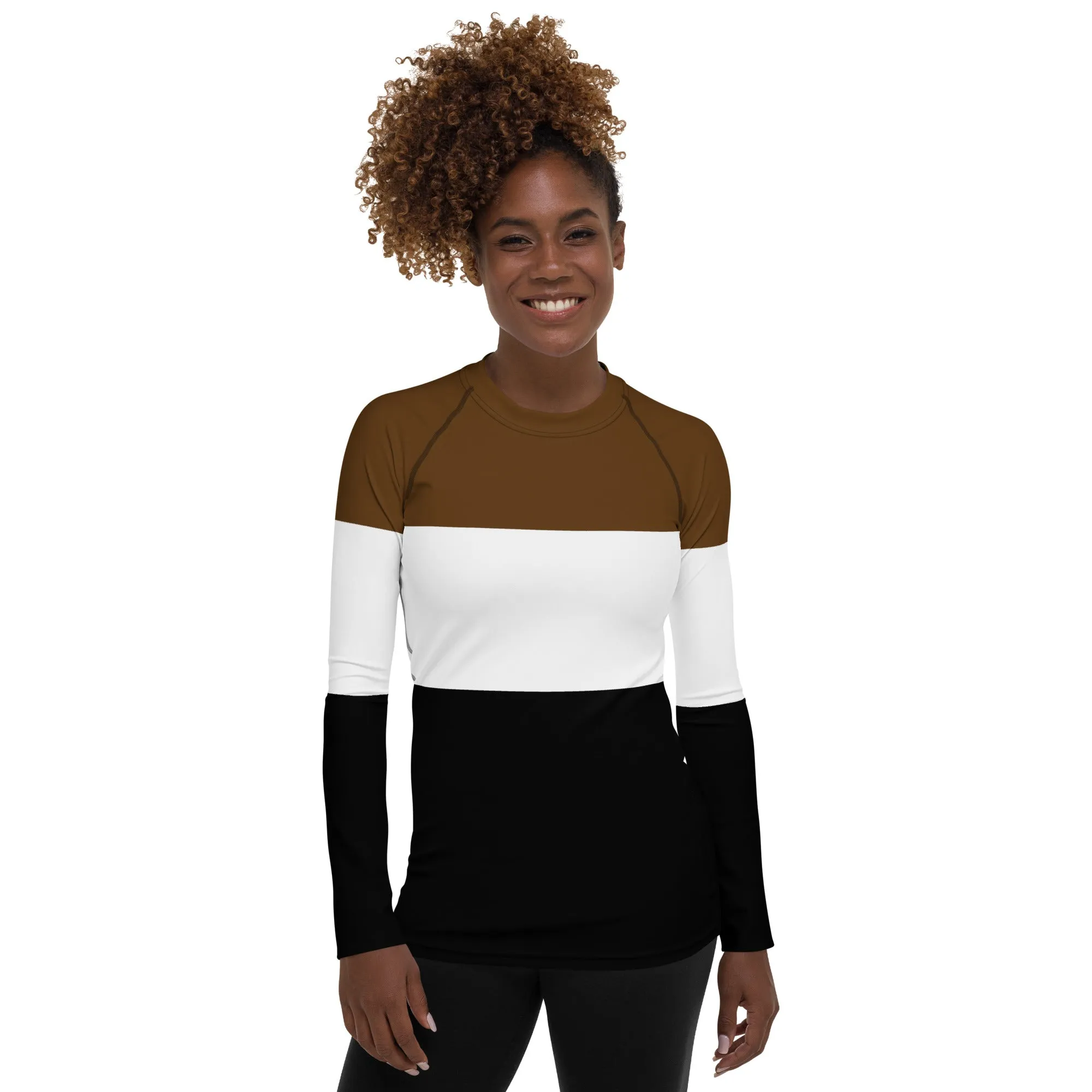Brown, White, and Black Colorblock Rash Guard Long Sleeve Shirt