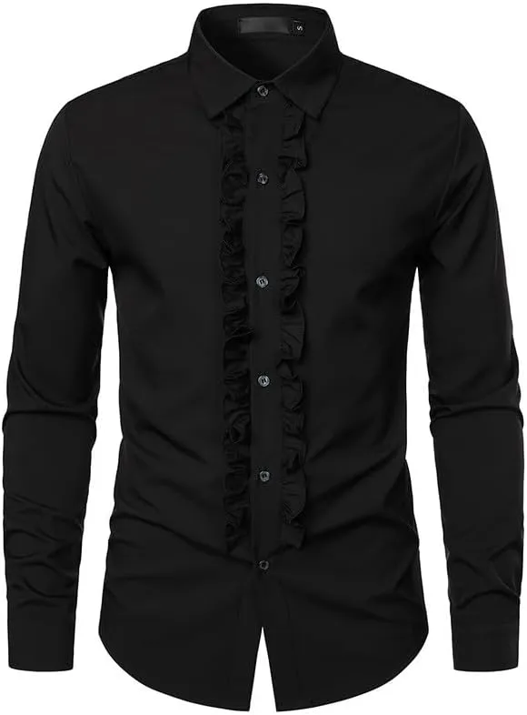 Cambkatl Men's Ruffle Dress Shirts Slim Fit Long Sleeve Stretch Button Down Tuxedo Shirts for Prom Party Wedding