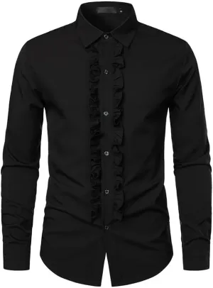 Cambkatl Men's Ruffle Dress Shirts Slim Fit Long Sleeve Stretch Button Down Tuxedo Shirts for Prom Party Wedding