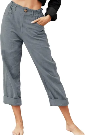Capris Pants for Women Dressy Linen Pants Casual Summer Pant Button Straight High Waist Pant Pocket Cropped Trousers