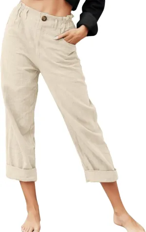 Capris Pants for Women Dressy Linen Pants Casual Summer Pant Button Straight High Waist Pant Pocket Cropped Trousers