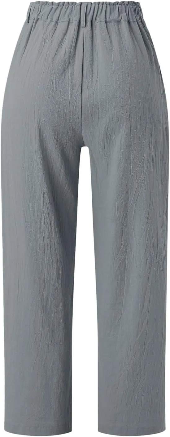 Capris Pants for Women Dressy Linen Pants Casual Summer Pant Button Straight High Waist Pant Pocket Cropped Trousers