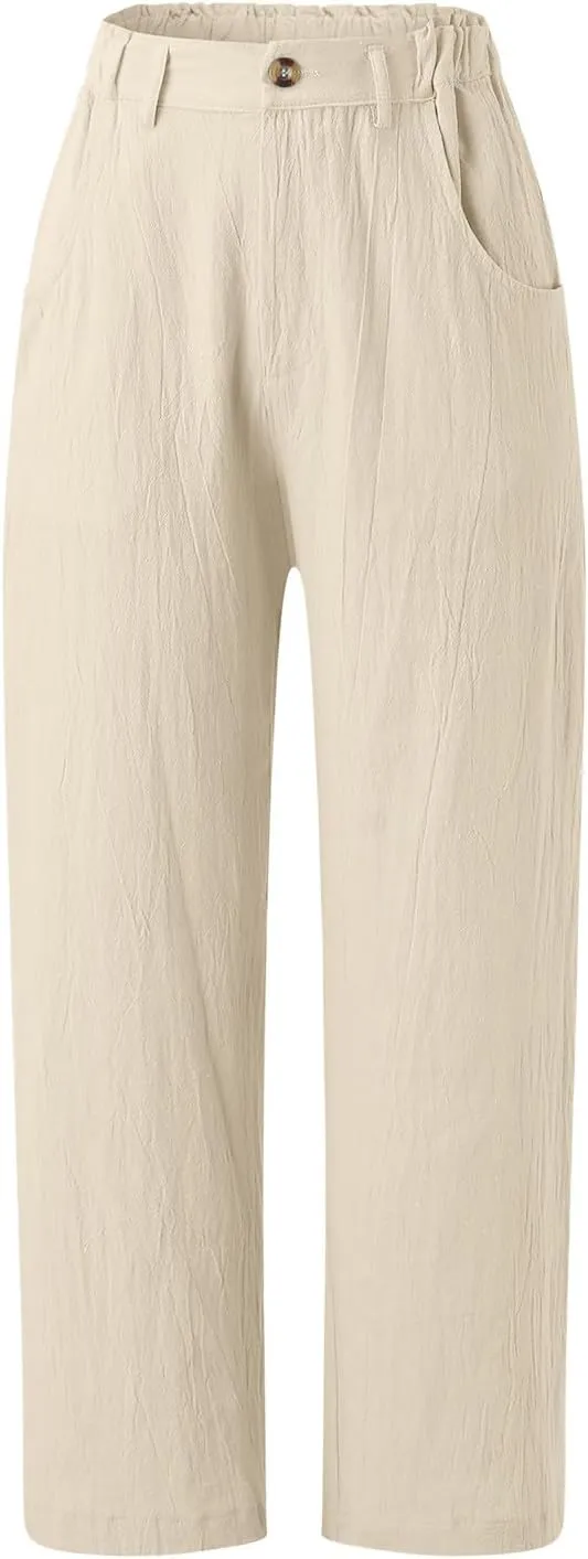 Capris Pants for Women Dressy Linen Pants Casual Summer Pant Button Straight High Waist Pant Pocket Cropped Trousers