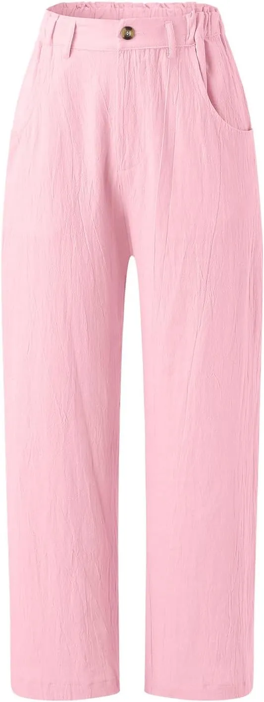 Capris Pants for Women Dressy Linen Pants Casual Summer Pant Button Straight High Waist Pant Pocket Cropped Trousers