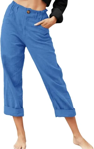 Capris Pants for Women Dressy Linen Pants Casual Summer Pant Button Straight High Waist Pant Pocket Cropped Trousers