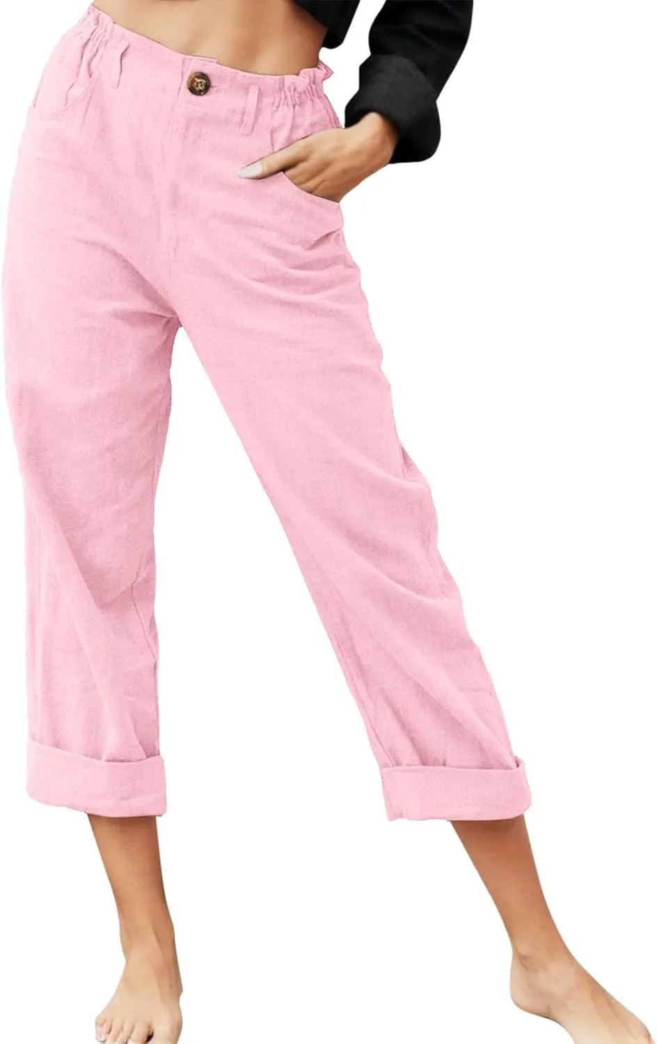 Capris Pants for Women Dressy Linen Pants Casual Summer Pant Button Straight High Waist Pant Pocket Cropped Trousers