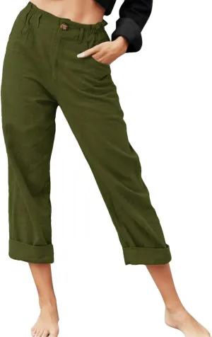 Capris Pants for Women Dressy Linen Pants Casual Summer Pant Button Straight High Waist Pant Pocket Cropped Trousers