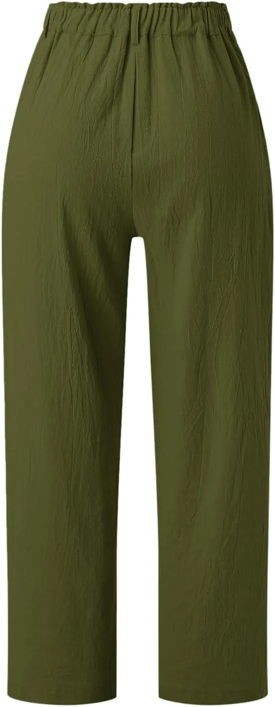 Capris Pants for Women Dressy Linen Pants Casual Summer Pant Button Straight High Waist Pant Pocket Cropped Trousers