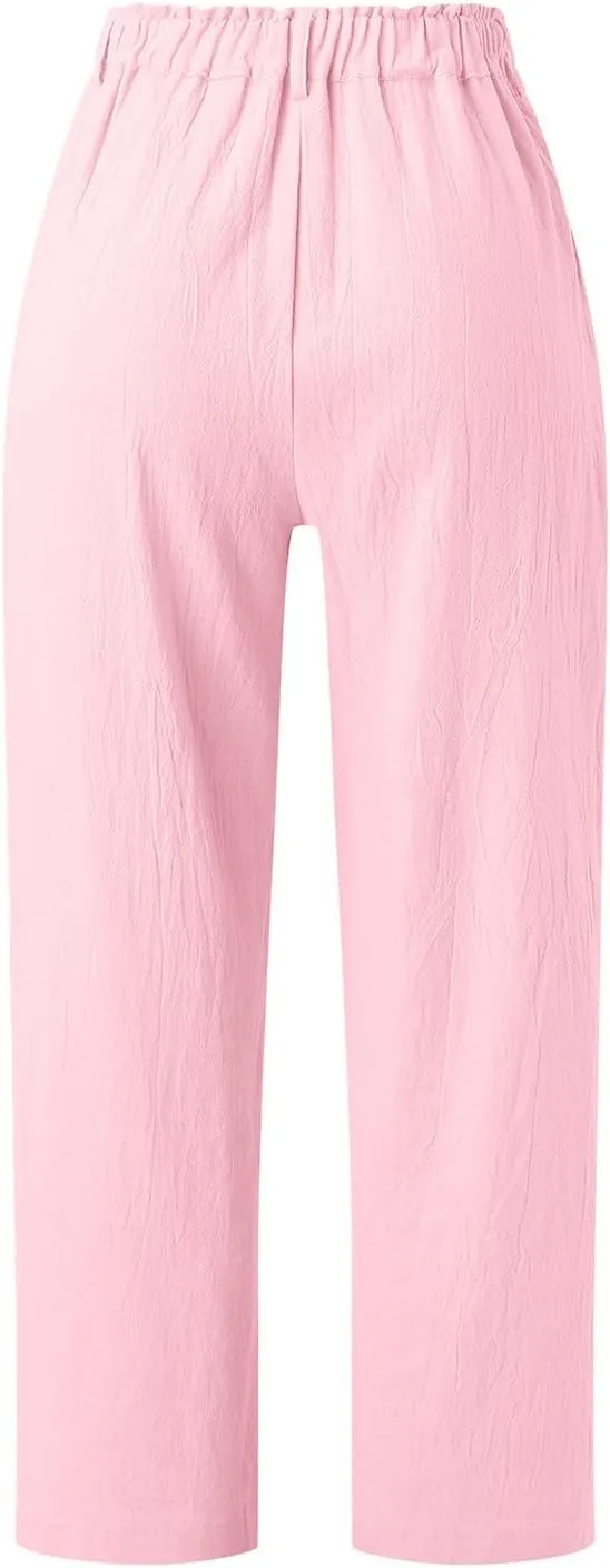 Capris Pants for Women Dressy Linen Pants Casual Summer Pant Button Straight High Waist Pant Pocket Cropped Trousers