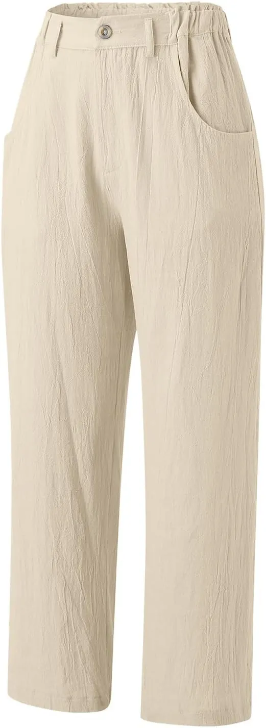 Capris Pants for Women Dressy Linen Pants Casual Summer Pant Button Straight High Waist Pant Pocket Cropped Trousers