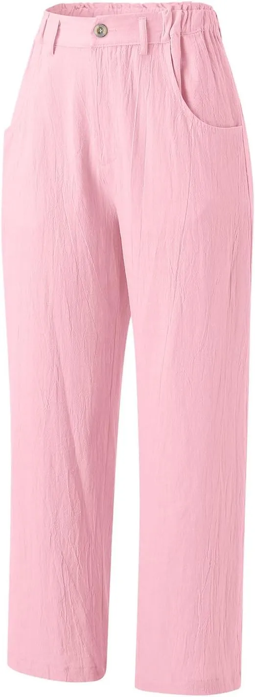 Capris Pants for Women Dressy Linen Pants Casual Summer Pant Button Straight High Waist Pant Pocket Cropped Trousers