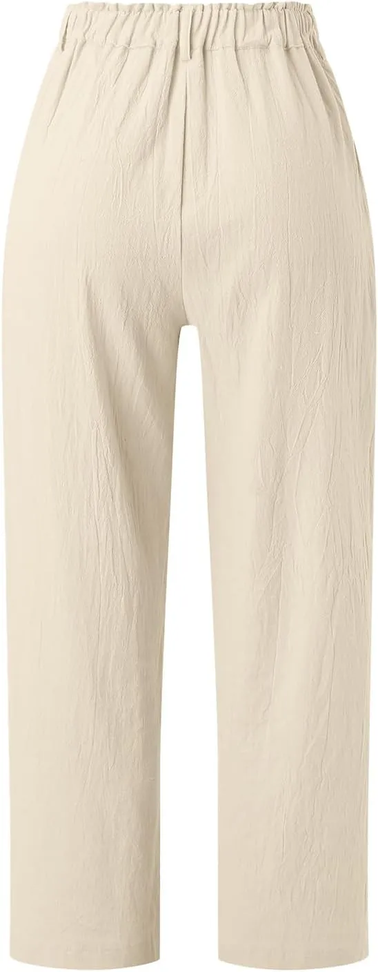 Capris Pants for Women Dressy Linen Pants Casual Summer Pant Button Straight High Waist Pant Pocket Cropped Trousers