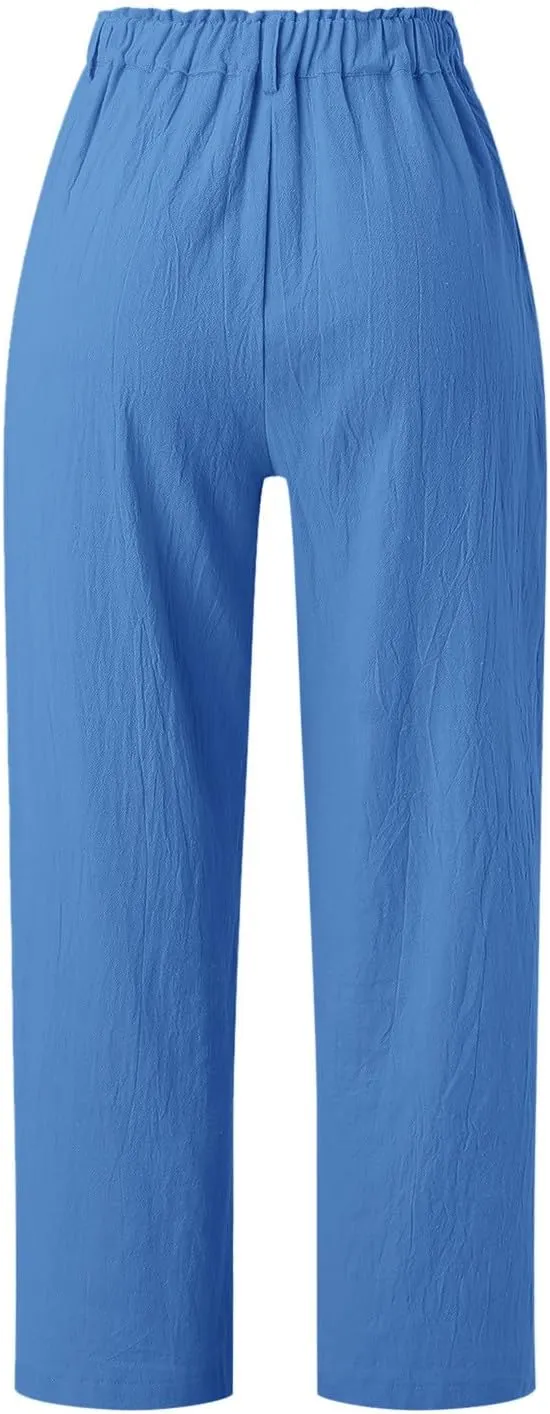 Capris Pants for Women Dressy Linen Pants Casual Summer Pant Button Straight High Waist Pant Pocket Cropped Trousers
