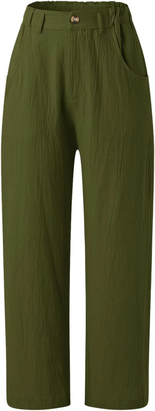 Capris Pants for Women Dressy Linen Pants Casual Summer Pant Button Straight High Waist Pant Pocket Cropped Trousers