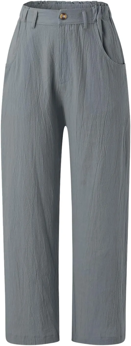 Capris Pants for Women Dressy Linen Pants Casual Summer Pant Button Straight High Waist Pant Pocket Cropped Trousers