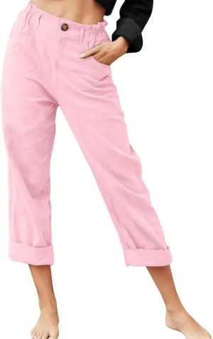 Capris Pants for Women Dressy Linen Pants Casual Summer Pant Button Straight High Waist Pant Pocket Cropped Trousers