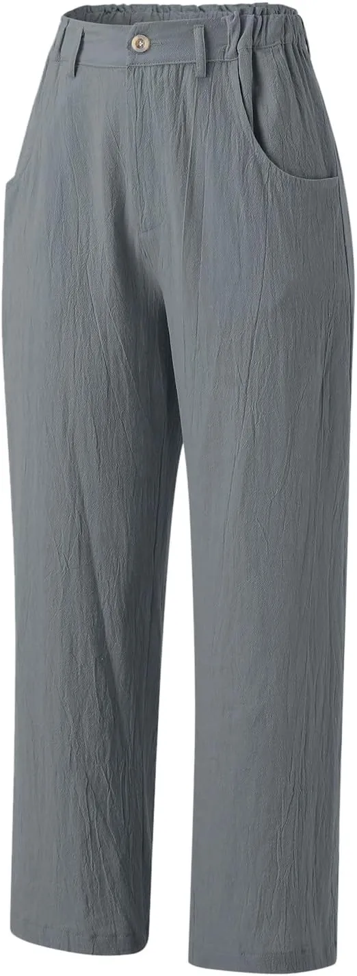 Capris Pants for Women Dressy Linen Pants Casual Summer Pant Button Straight High Waist Pant Pocket Cropped Trousers