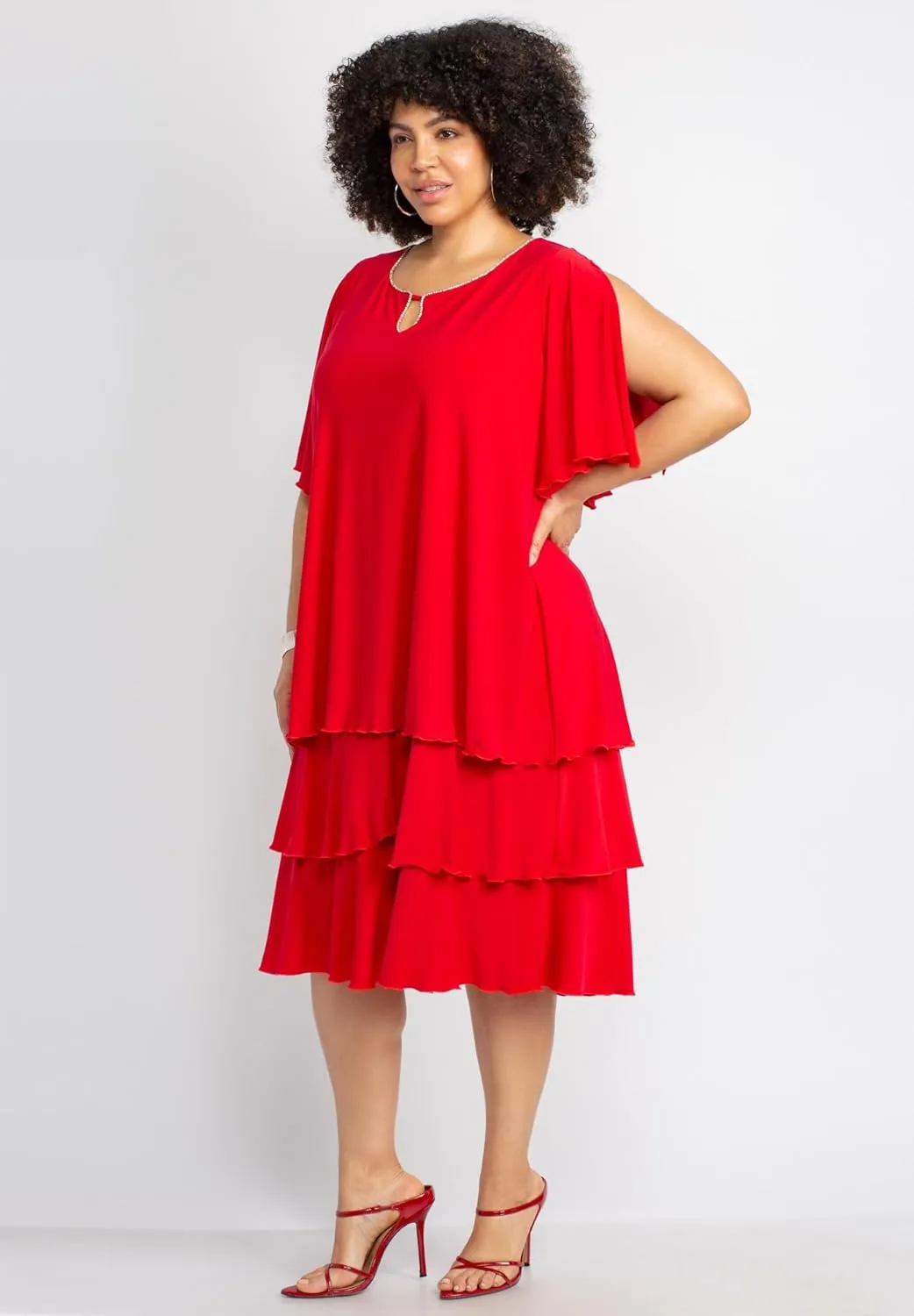 Catherines Women's Plus Size Embellished Keyhole Midi-Tier Dress