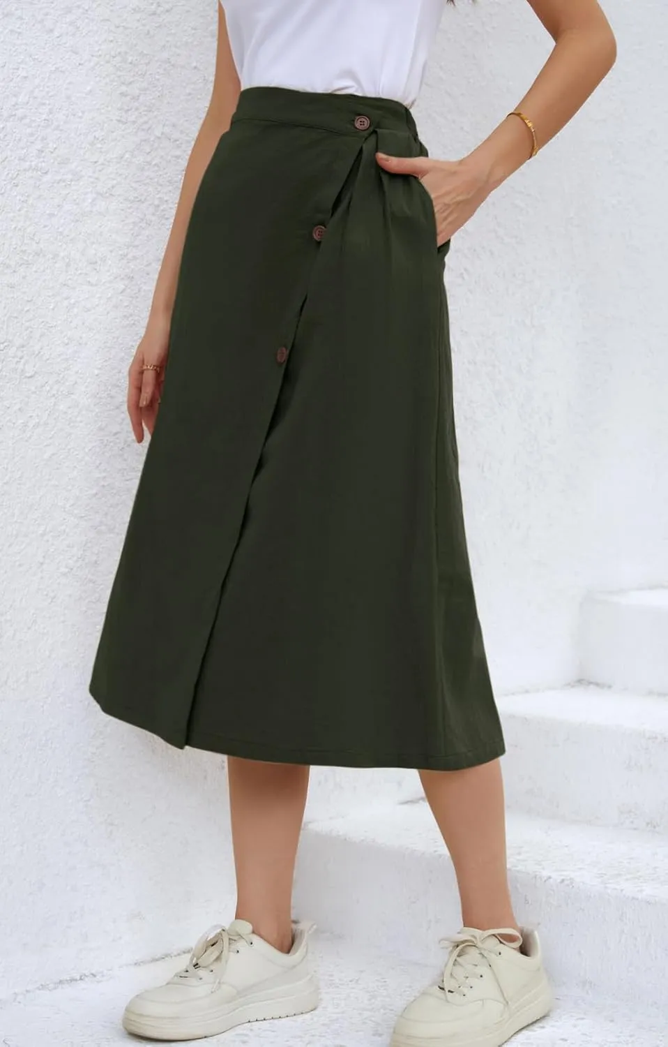 CHARTOU Women's Summer Linen Elastic Back Buttoned Swing Midi A Line Skirt